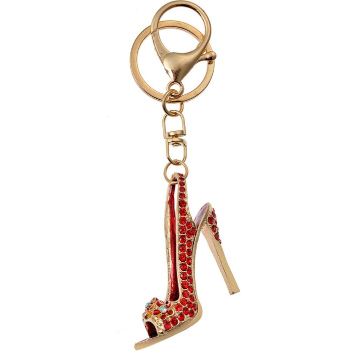 Juleeze JZKC0196 Sleutelhanger hoge hak goud rood met strass 4x2x6 cm