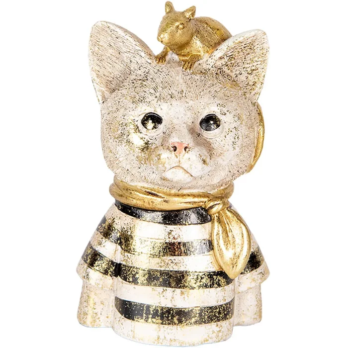 Clayre & Eef 6PR5075 Decoratieve Bust Kat met Muis Goud Zwart-Wit 11x9x18 cm