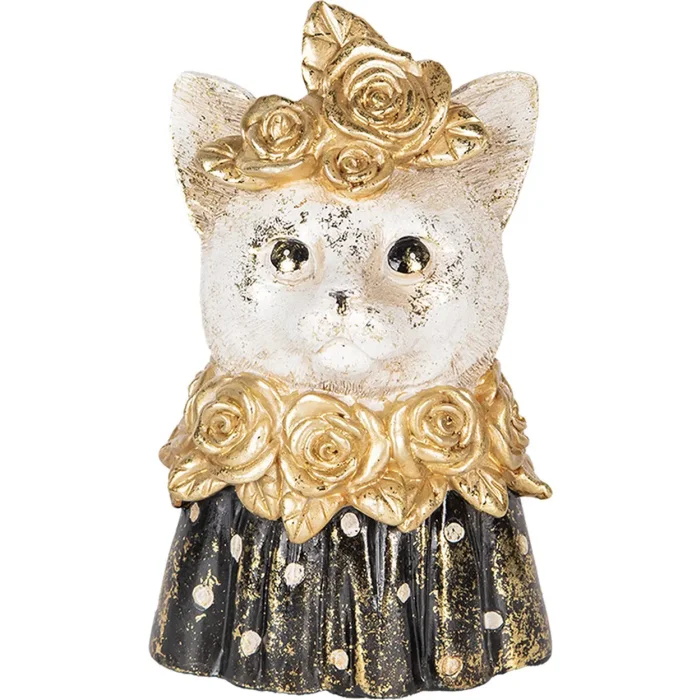 Clayre & Eef Decoratieve Buste Kat Polyresin Wit Zwart Goud 12x10x18 cm