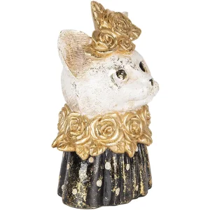 Clayre & Eef Decoratieve Buste Kat Polyresin Wit Zwart Goud 12x10x18 cm