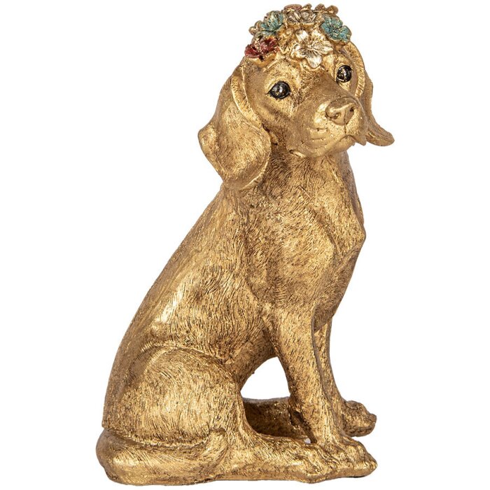 Clayre & Eef decoratief beeldje hond goudkleurig 13x13x21 cm polyresin landelijke stijl