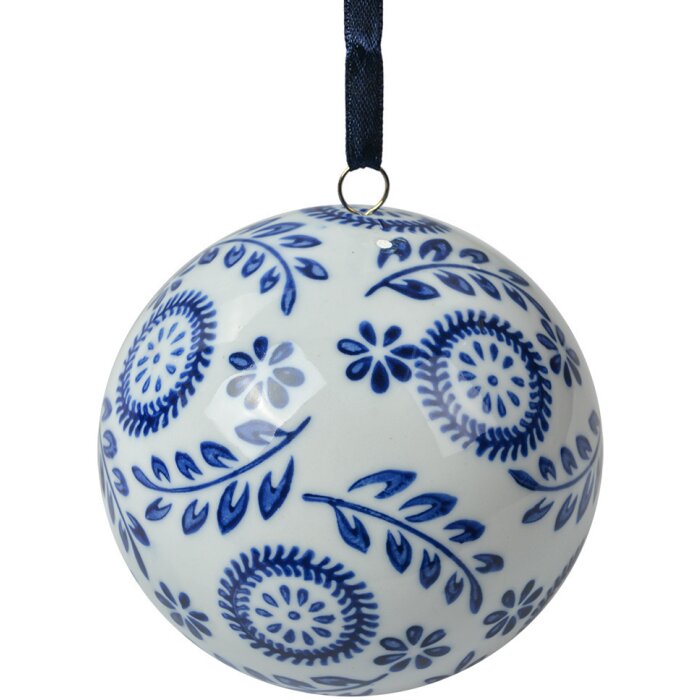 Clayre & Eef Decoratieve Bal Keramiek Ø 8 cm Wit Blauw Retro Vintage