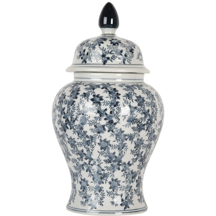 Clayre & Eef 6CE2096 Decoratieve Pot met Deksel Wit-Blauw Ø 22x40 cm