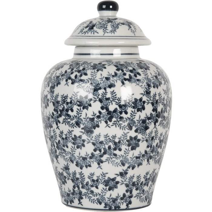 Clayre & Eef 6CE2098 Decoratieve Pot met Deksel Wit-Blauw Ø 16x26 cm