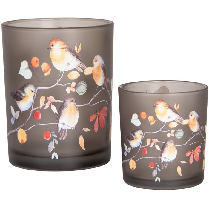 Clayre & Eef 6GL4954 Theelichthouderset grijs glas vogelmotief 7x8 cm 10x13 cm