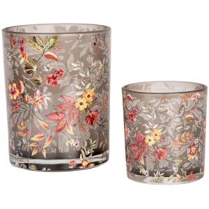 Clayre & Eef 6GL4976 Theelichthouder Set 2 Glazen Botanisch Design Grijs Oranje