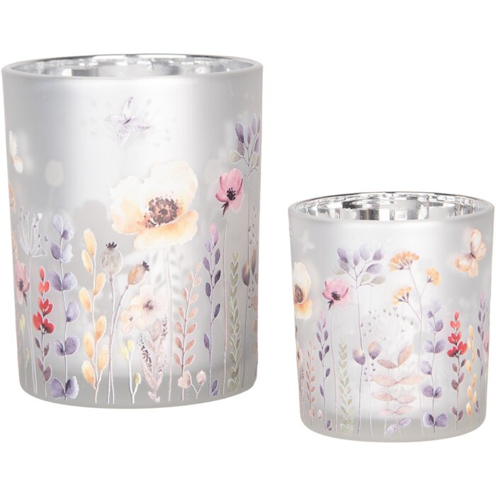 Clayre & Eef 6GL4982 Theelichthouder Set 2st Glas Grijs Geel Bloemen