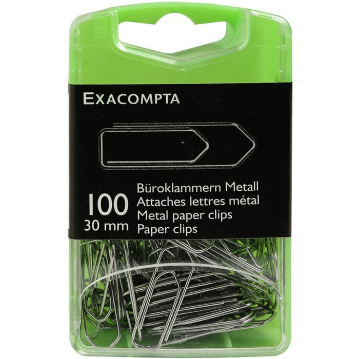 Doos van 100 metalen paperclips, 30mm Zilver