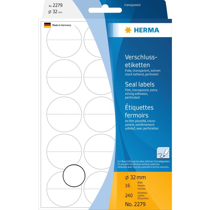 herma sluitetiketten geperforeerd ø 32 mm rond transparant extreem sterk klevende folie mat 240 st.