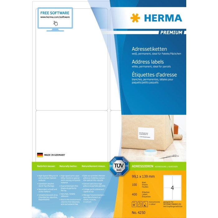 herma adresetiketten Premium a4, wit 99,1x139 mm papier mat 400 st.