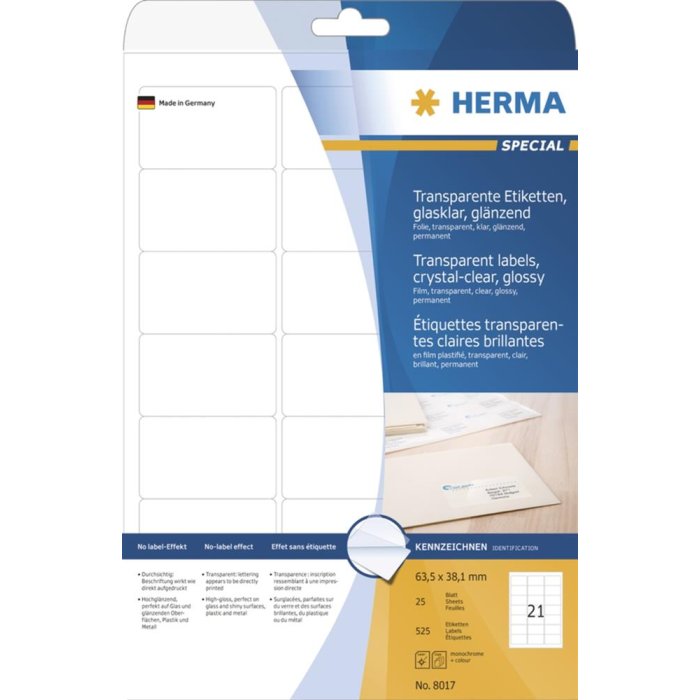 herma etiketten transparant kristal helder a4 63,5x38,1 mm transparant helder folie glanzend 525 st.