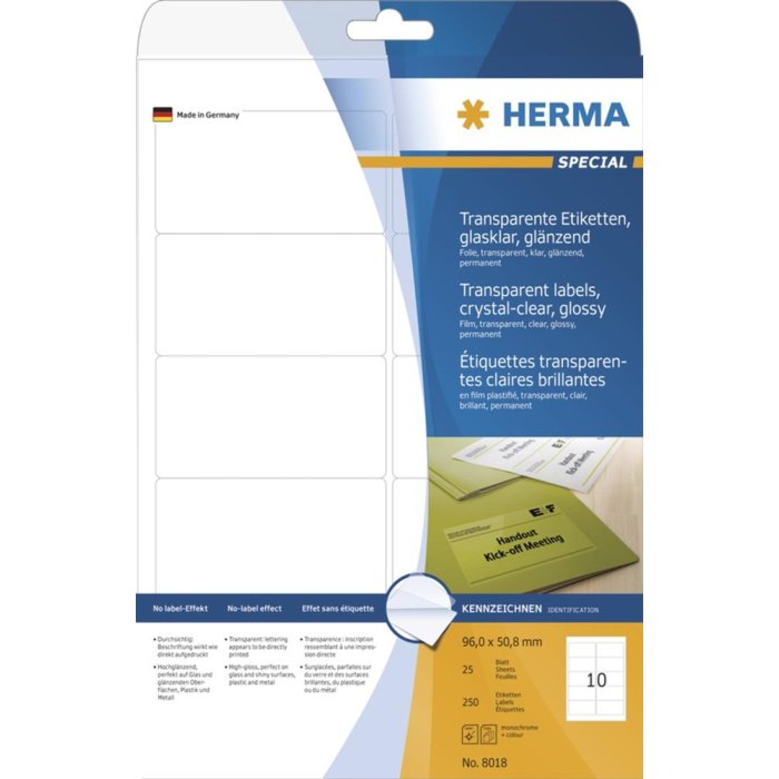 herma etiketten transparant kristal helder a4 96x50,8 mm transparant helder folie glanzend 250 st.