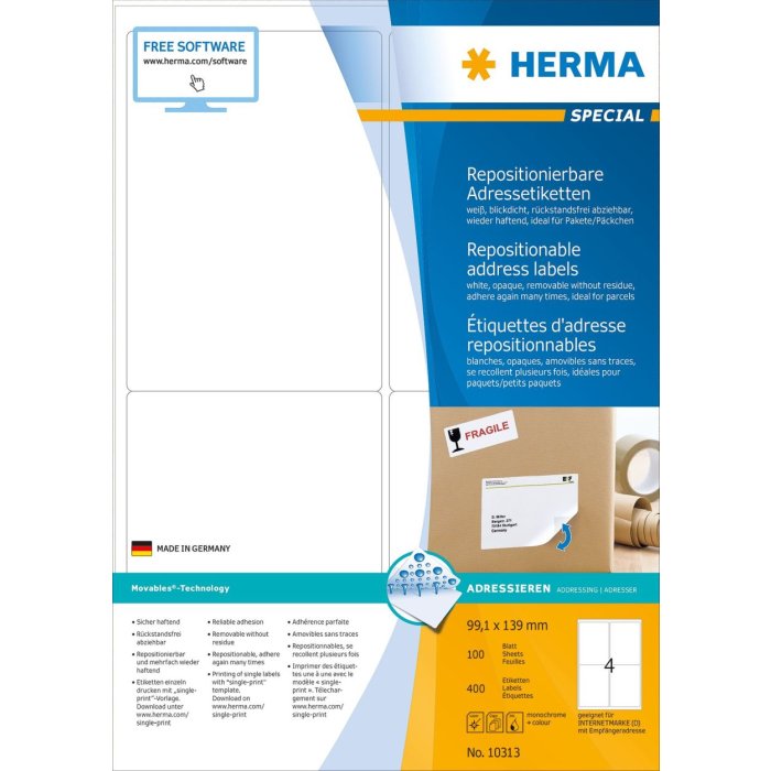 herma adresetiketten a4 wit 99,1x139 mm herpositioneerbaar papier mat ondoorzichtig 400 st.