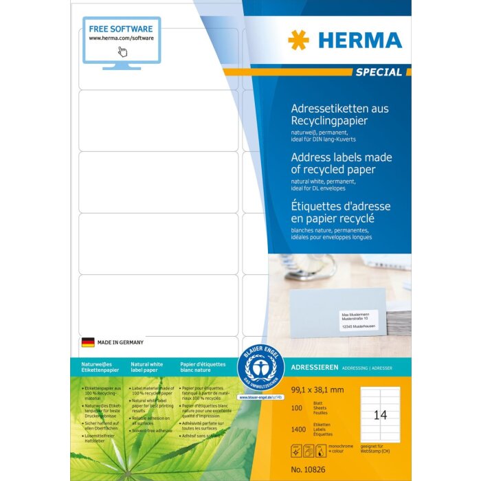 herma adresetiketten a4 natuurwit 99,1x38,1 mm recycled papier mat met Blauer Engel certificaat 1400 st.